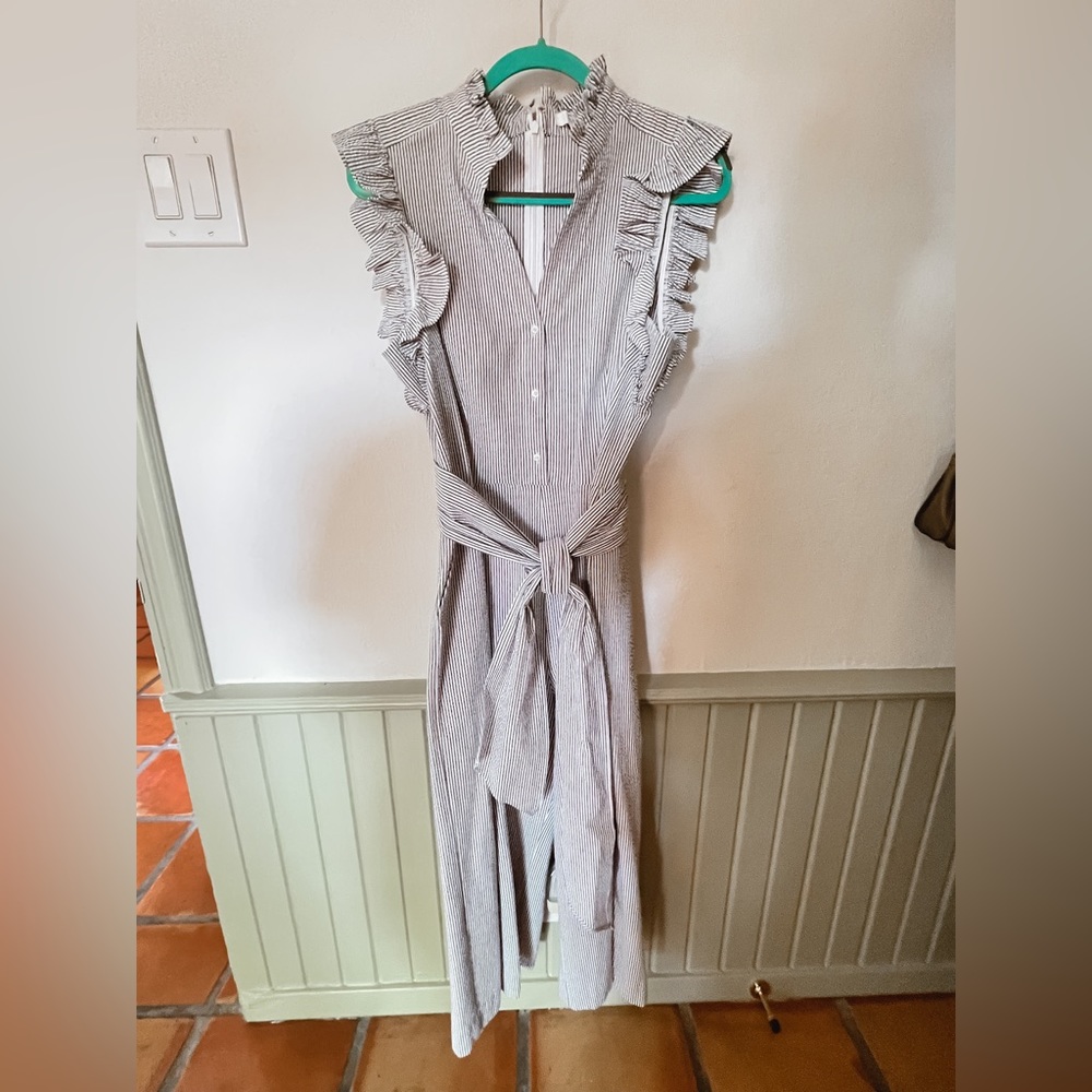 1901 ruffle sleeve seersucker cropped wide leg jumpsuit pantsuit.